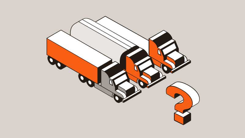 Three orange trucks near an orange questions mark indicating what is dedicated transportation