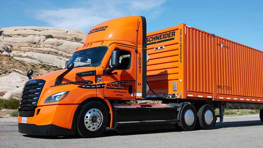 One of Schneider's Freightliner eCascadia's parked