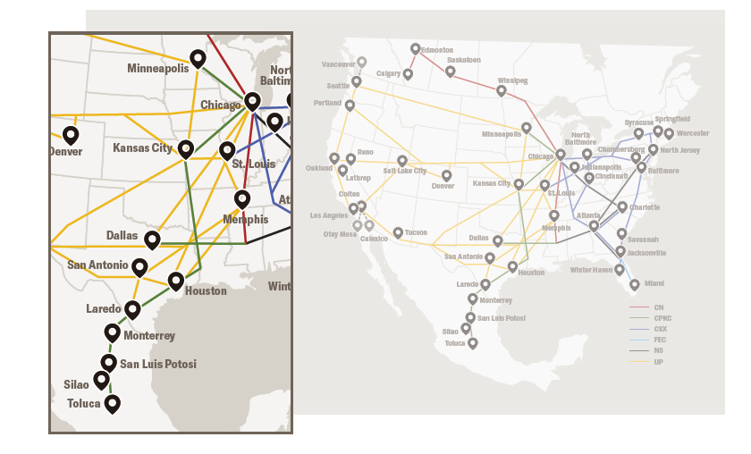 CPKC service map Mexico to US